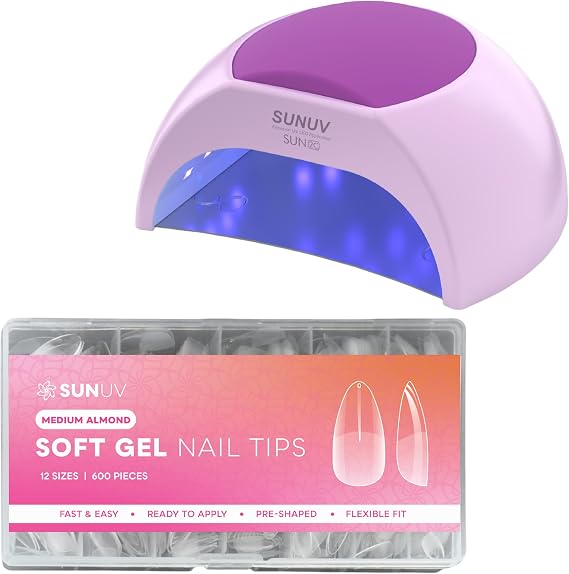 SUNUV SUN2C Purple UV LED Nail Lamp 48W, 600 PCS Medium Almond Gel Nail Tips