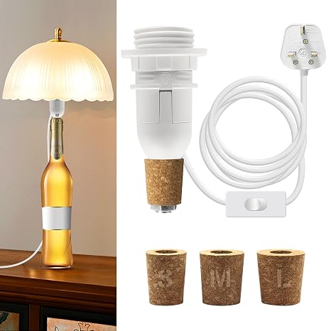 Bottle Lamp Kit, 240CM Cable, E14 Lamp Holder, Bottle Light Adaptor Kit with 3 Sizes of Stoppers, Table Lamp Kits Do It Yourself, Lamp Fittings for Various Bottles, DIY Lampshade, White
