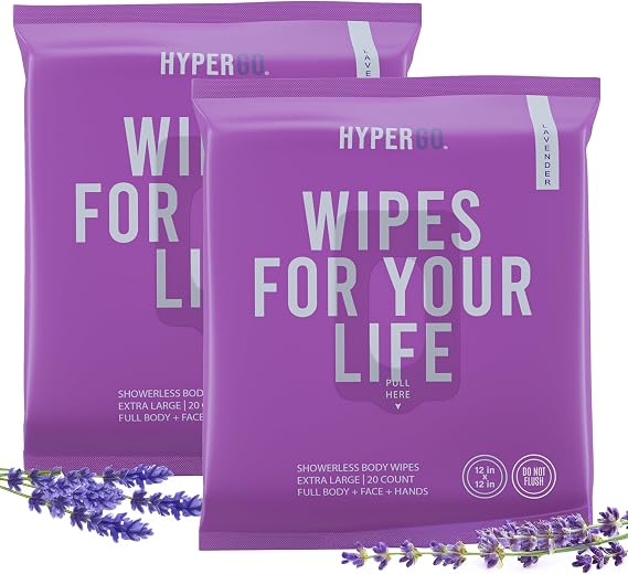 HyperGo XL Body Wipes for Women & Men 12" x12" Rinse-Free Full Body Cleansing Wipes 2-20 Count Packs - Lavender | Biodegradable, Hypoallergenic, Aloe-Infused | Gym, Festival, Camping Essentials