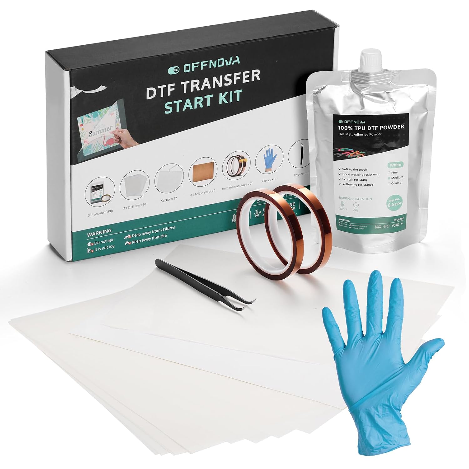 OFFNOVA All-in-1 DTF Starter Kit - 20 A4 Transfer Film Sheets, 250g White Hot Melt DTF Powder for Direct Fabric Sublimation