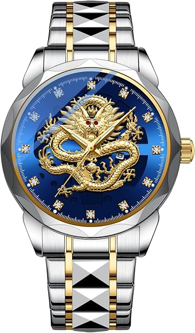 FANMIS Men's Luxury Golden Dragon Watch Unique Carved Diamond Dial Quartz Watch Classic Business Luminous Waterproof Wristwatches Stainless Steel Strap