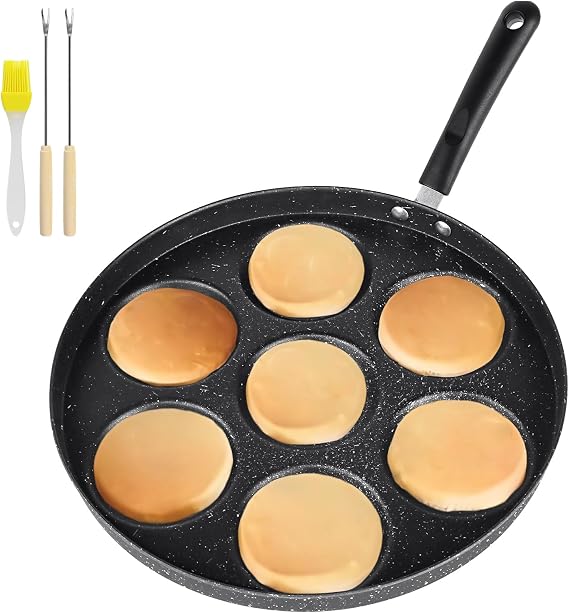 Pancake Pan, 7 Holes Non Stick Pancake Maker, 26 cm Egg Frying Pan Pancake Mould, Mini Pancake Maker Crepe Pan, Versatile Induction Pancake Pan with Turn Sticks and Brush
