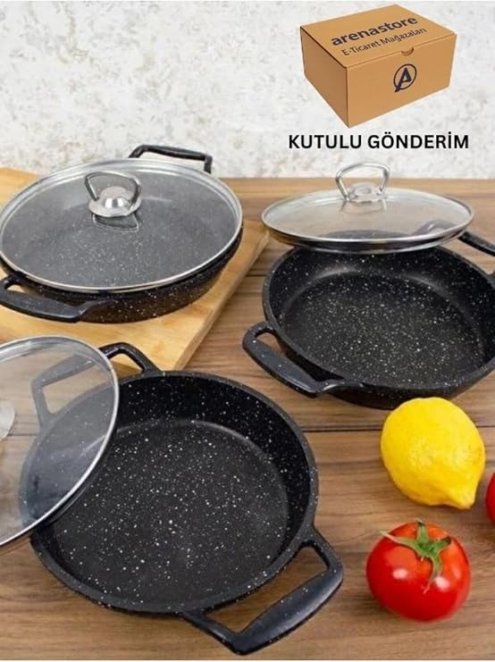6'lı Granit Tava Seti, Cam Kapaklı, Döküm, Siyah, 18-20-22 cm