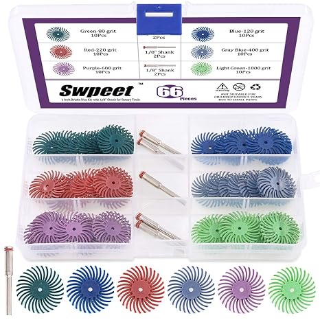 Swpeet 66Pcs 1 Inch 6 Mixed Grit 80/120/220/400/600/1000 Radial Bristle Disc Abrasive Brush Gap Polishing Pad Buffing Wheel Assortment Kit with 1/8" Shank for Rotary Tools Cleaning Finishing Deburring
