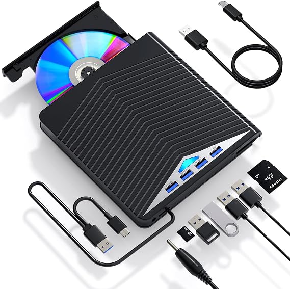 7 in 1 External CD DVD Drive for Laptop, USB 3.0 Type-C CD/DVD +/-RW Player Reader Writer Burner, 4 USB Ports, Support SD/TF Card, Optical CD DVD Drive for Windows 11/10/8/7, Linux, MacOS