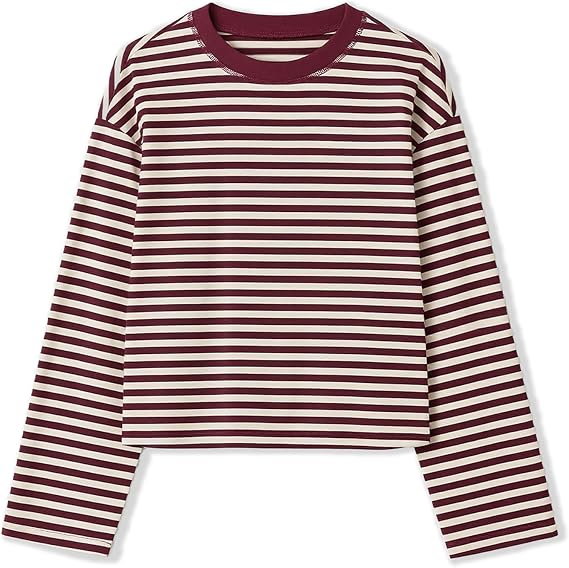 Striped Bloom Long Sleeve Shirt for Women Boxy Tee Top Streetwear