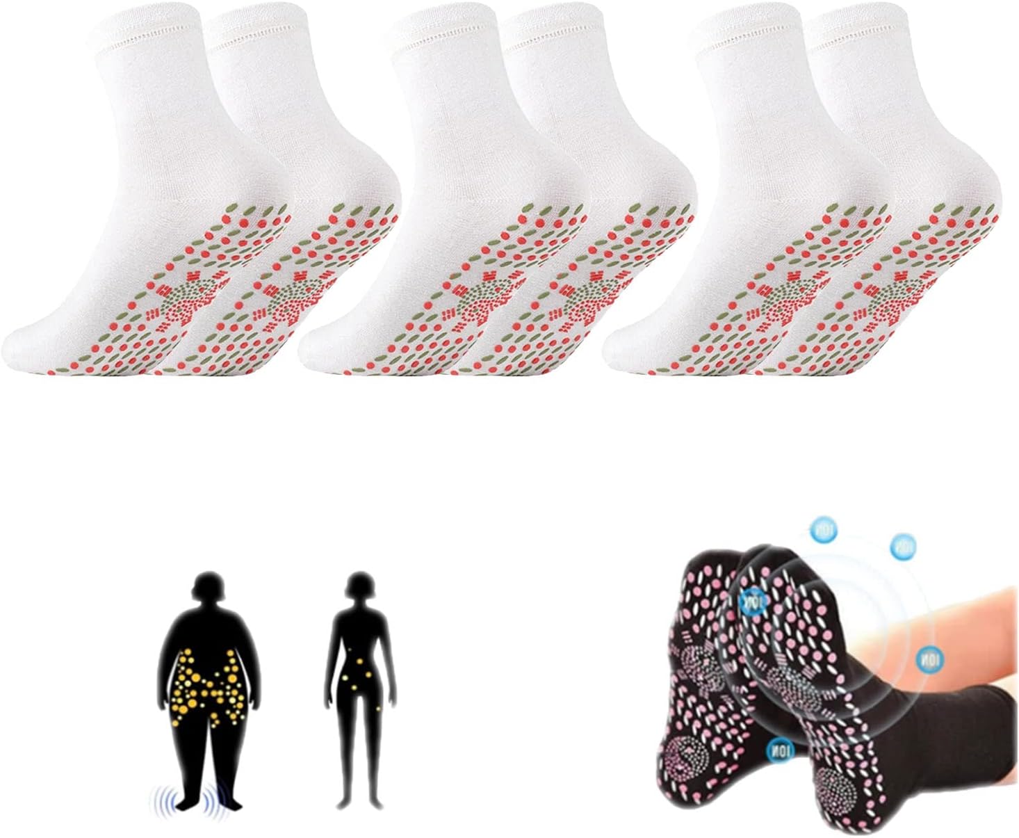 3 Pair AFIZ Tourmaline Slimming Health Sock Veinesheal Thermotherapeutic Sock Soothingfeet Thermotherapeutic Socks Veinesheal Self-Heating Socks for Women Men White