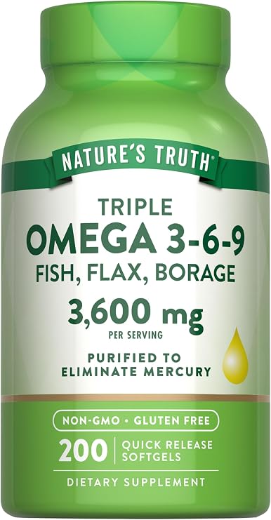 Nature's Truth Triple Omega 3 6 9 | 3600mg | 200 Softgels | Fish, Flax and Borage Oils | Non-GMO & Gluten Free Supplement