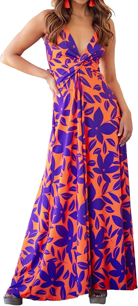 Women's Summer Spaghetti Strap Dress Floral V Neck Sleeveless Maxi Dress Beach Flowy Long Dress A-Line Party Sundress