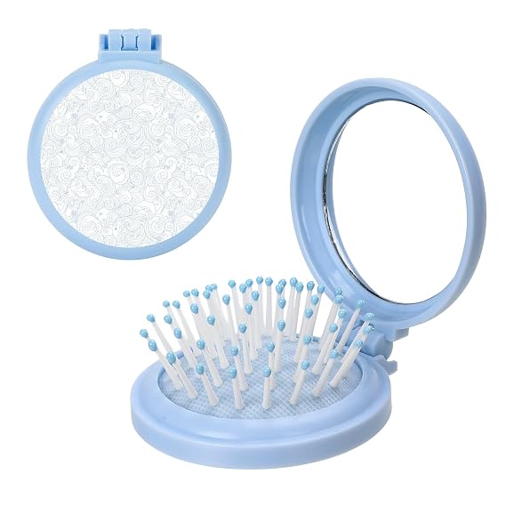Light Blue White Wave Mini Foldable Hair Brushes With Mirror, Compact Hair Massage Combs Brush For Women Quick Touch Ups, Travel Essential Compact Comb Detangling Combs For Purse