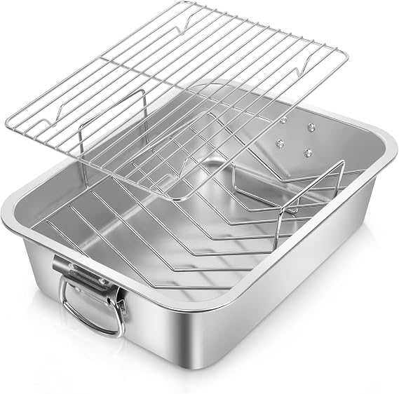 16" Stainless Steel Roasting Pan Set with 2 Racks | Deep pan + flat & V-racks, dishwasher safe, non-toxic, no warping, for 6-8 people, holiday roasts, Sunday dinners, meal prep