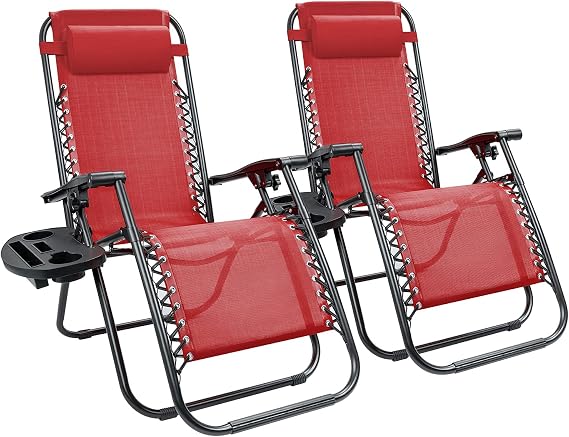 KaiMeng Zero Gravity Folding Lounge Chairs Outdoor Patio Adjustable Reclining Chair with Pillows and Cup Holders for Beach Set of 2 (Red)