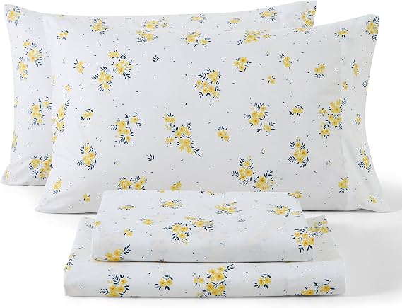 HLC.ME Blue & Yellow Floral Bed Sheets - 4 Piece Bed Sheet Set - Wrinkle Resistant & Ultra Soft - Fits Mattresses up to 15 Inches Deep (Blue, Queen)