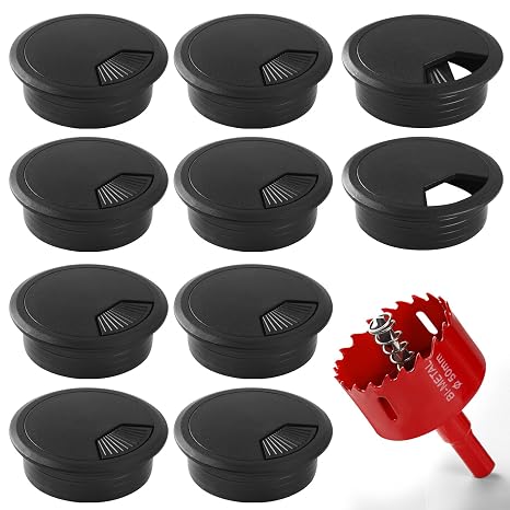 Desk Grommet 2 Inch (50 mm) 10 Pieces, Desk Hole Cover for Cables Black, ABS Plastic Grommet Hole Cover with Hole Saw for Wires Cables Through the Countertop by XIOGZAXI