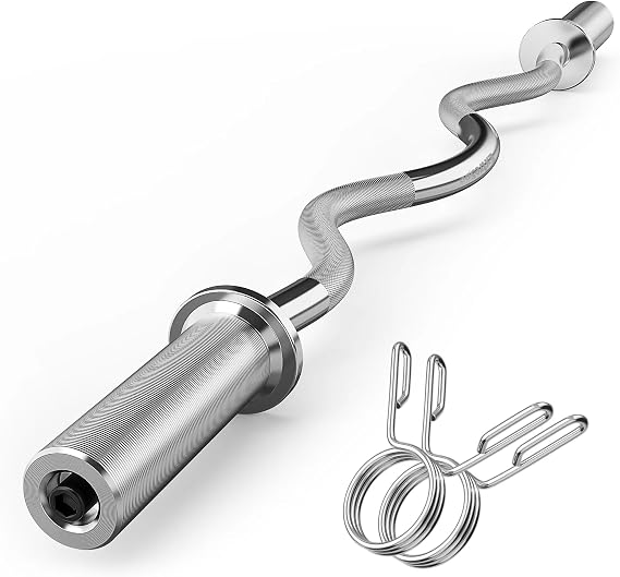 Olympic EZ Curl Barbell Bar, 47" Curl Bar for Weight Lifting, HipThrusts,Squat,Biceps-Home Gym Weight Bar, Chrome Curling Bar with 2Spring Collars for 2 Inch Weight Plates -500lb Weight Capacity
