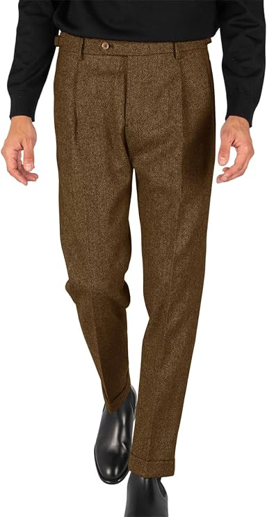 Men's Tweed Dress Pants Vintage Herringbone Suit Trousers