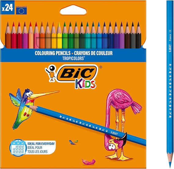BIC Kids Tropicolors Dry Crayons 24 Colors, No Splinters, Made Without Cutting Wood, Chew Resistant