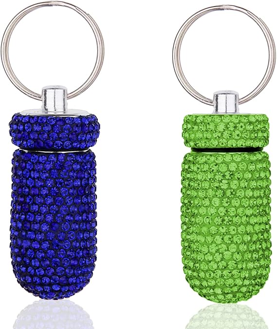 GOUWEIBA 2 Pieces Bling Pill Container Pill Holder Keychain Blue & Green