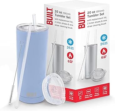BUILT Double Walled Stainless Steel Tumbler Set with Replacement Lid, 2 Reusable Tritan Wire Straw Cleaning Brush in Gift Box, 20-ounces, Cerulean