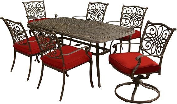 Hanover Traditions 7-Piece Cast Aluminum Outdoor Patio Dining Set, 4 Stationary Chairs, 2 Swivel Rocker Chairs, Brushed Bronze Finish with Red Cushions, Rust-Resistant