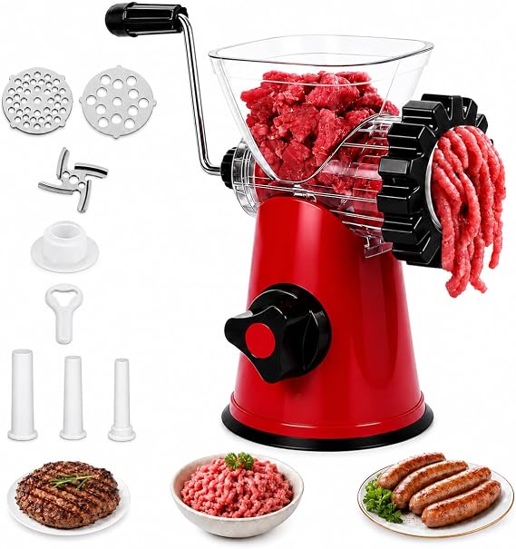 Manual Meat Grinder, 4 in 1 Meat Mincer Machine & Sausage Stuffer with Powerful Suction Base, Fast Cutting & Easy Cleaning, Multifunctional Meat Grinders for Meat, Sausages, Vegetables, Noodles(Red)