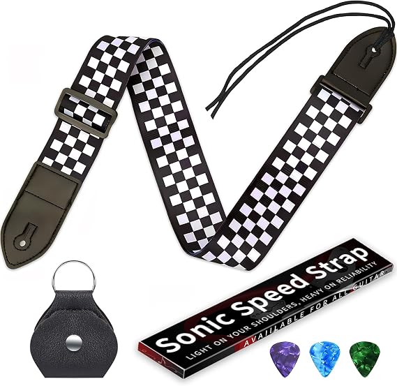 Guitar Strap,Acoustic Electric Guitar With Leather Pick Box and 3 PCS Picks Guitar Accessories,Available for All Guitars(Black White Grid)