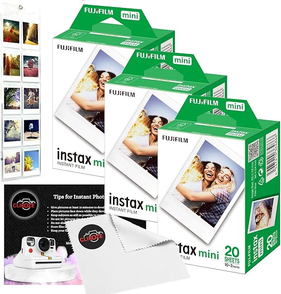 Instant Camera Film Bundle with Mini Film x 60 Shots, Wall Hanging Album, Clikoze Lens Cloth and Instant Photography Tips Card