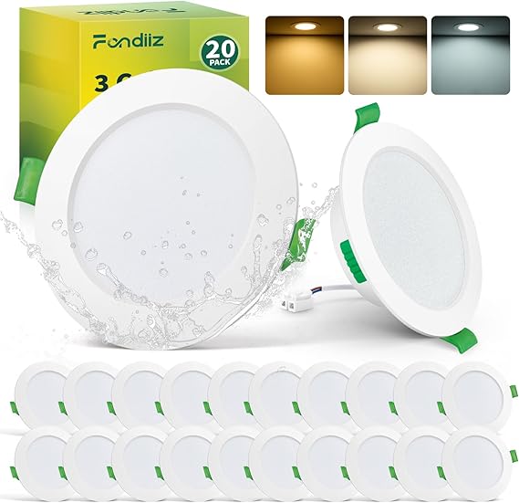 Fondiiz 20 Pack Downlights for Ceiling LED, 5W, 3CCT, IP44 Waterproof | 220-240V, Warm White 2700K/Natural White 4000K/Cool White 6000K, 68mm-78mm Cut Out, 480LM, Spot Light for Bathroom Kitchen [Energy Class E]