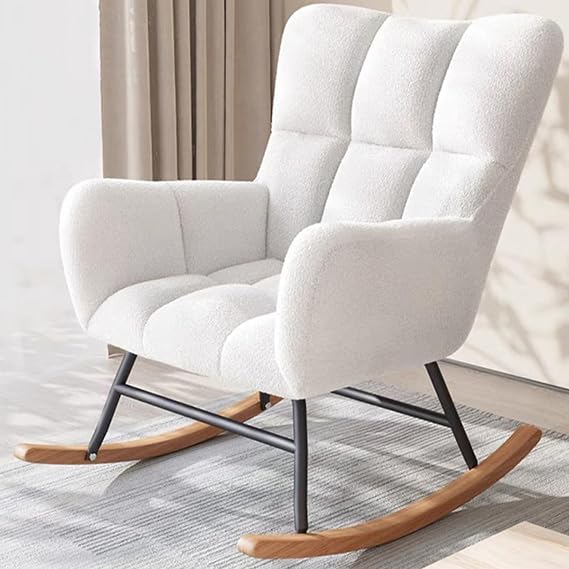 Rocking Chair Nursery, Teddy Upholstered Glider Rocking Chair, Modern Accent Rocking Chair Indoor with High Backrest Glider Recliner for Living Room Bedroom,White