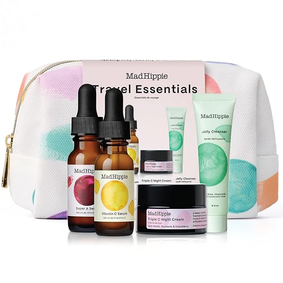 Mad Hippie Travel Essentials Vitamin C Serum, Triple C Night Cream, Super A Serum + Jelly Cleanser in a 100% Recycled Toiletries Bag, Cruelty-Free, Skin Care