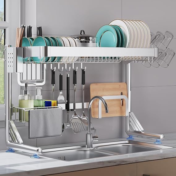 Over The Sink Dish Drainer Drying Rack 2 Tier Adjustable Width | 304 Stainless Steel Large Expandable Storage Kitchen Counter Organizer (Silver, 20.87'' to 37.6'')