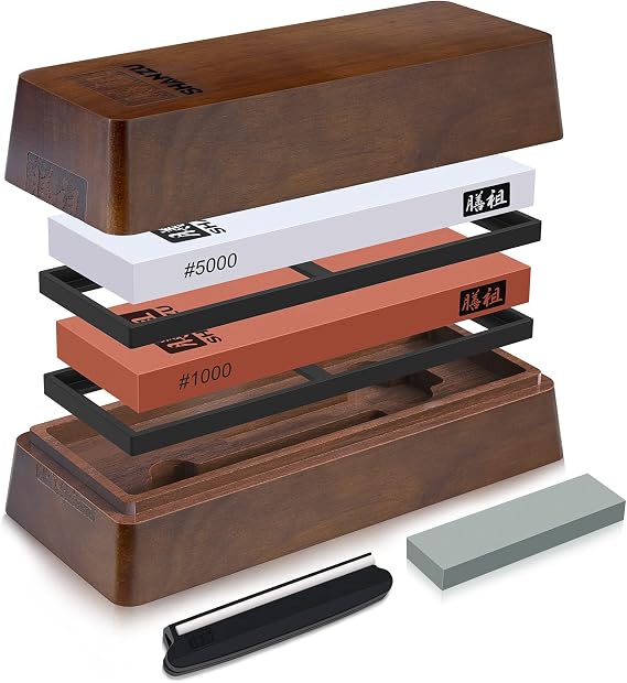 SHAN ZU 2 PCS Knife Sharpener Stone Set with Storage Box | Whetstone Grit 1000/5000 Knife Sharpening Stone with Non-Slip Silicone Base and Angle Guide Whetstone Knife Sharpening Kit