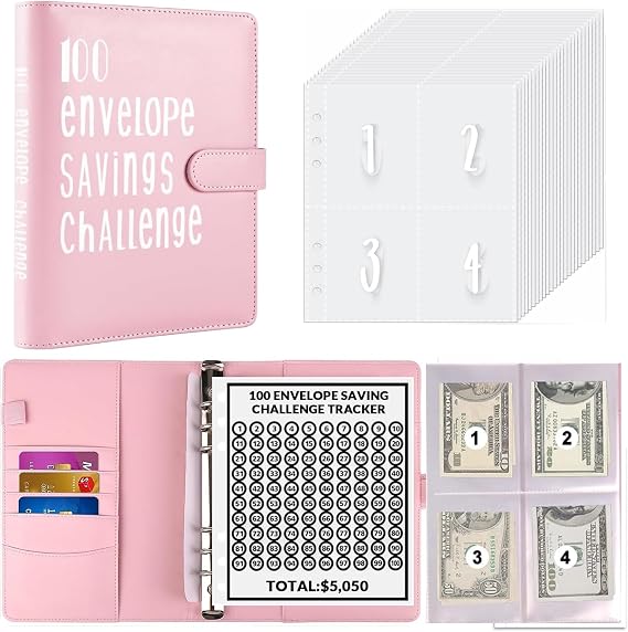 100 Envelopes Challenge Binder,100 Envelopes Money Saving Challenge,Easy and Funny Way to Save $5,050 Budget Planner, Money Saving Challenge Budget Binder with Cash Envelopes. (Pink)