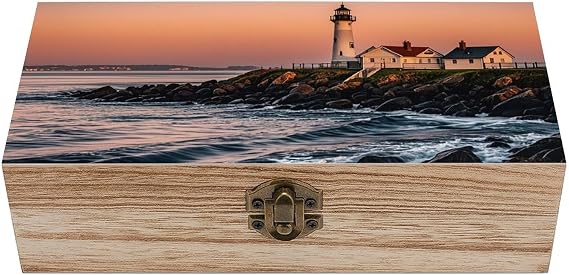 Portland River Lighthouse Sunrise Wooden Storage Box with Hinged Lid And Front Clasp Large Jewelry Box Wooden Storage Bins Keepsake Box Office Desk Organizer