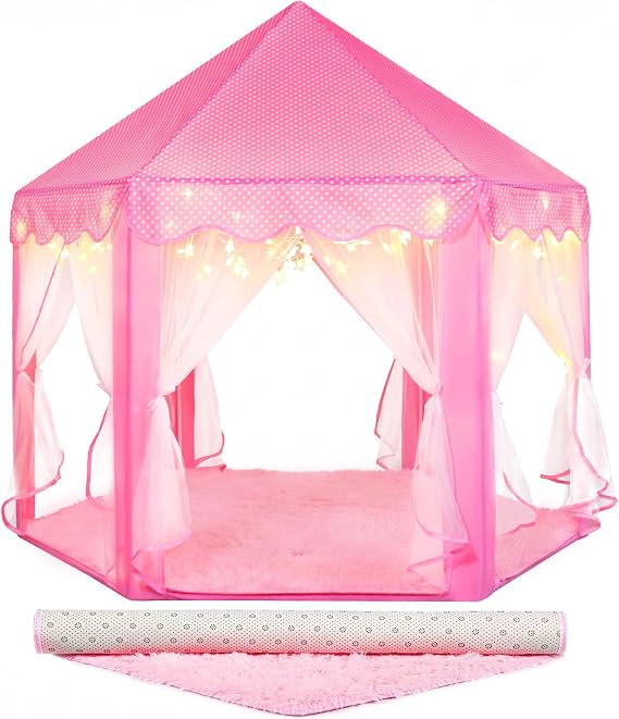 Princess Tent for Girls Fairy Castle Play Tents for Kids Toddler, Hexagon Kids Playhouse with Gift Box, Toys for Girls for Indoor(Pink Tent with Mat)