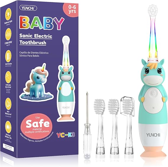 YUNCHI Toddler Electric Toothbrush Kids 0-3-6 Years, Baby Electric Toothbrush with Colorful LED Light, Battery Powered Toddler Toothbrush with 2 Minutes Timer 4 Brush Heads, Infant Toothbrush (Green)