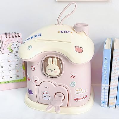 House Piggy Bank for Boys Girls - Cute Money Bank Table Decor Large Coin Bank with Key Kawaii House Coin Saving Jar for Room Decor, Pink