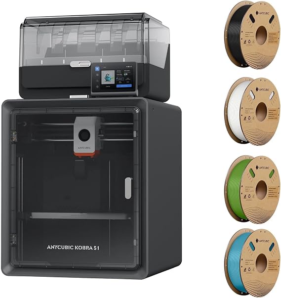(PLA 4KG Bundle) Anycubic Multicolor 3D Printer, Kobra S1 Combo 600mm/s Fast Speed Auto Calibration Ideal for Precision and Efficiency 9.8"x9.8"x9.8",Black + White + Spring Leaf + Tropical Turquoise