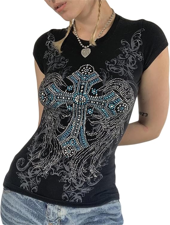 Women Y2K Grunge T-Shirt Short Sleeve Retro Vintage Rhinestone Cross Slim Crop Top Gothic Punk Streetwear