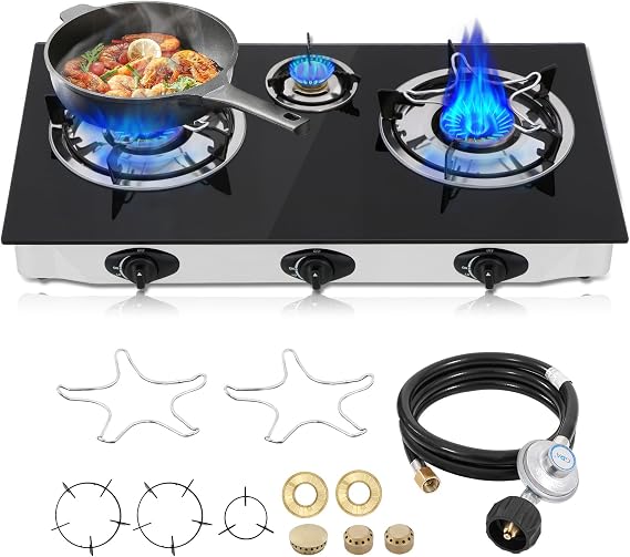 Propane Gas Cooktop,3 Burners Gas Stove portable, 0.28"Tempered Glass, Auto Ignition Camping 3 Burner LPG for RV,Apartments,Outdoor