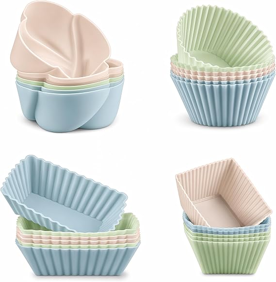 CAKETIME Silicone Baking Cups Cupcake Liners - 24 Pcs Reusable Silicone Molds Including Round, Rectanguar, Square, Flower Food Grade Silicone