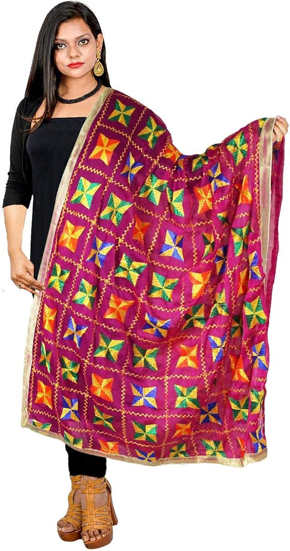 Traditional Punjabi Phulkari Dupatta Chiffon Multicolor Embroidered Stole Scalf Chunni Hijab for Woman