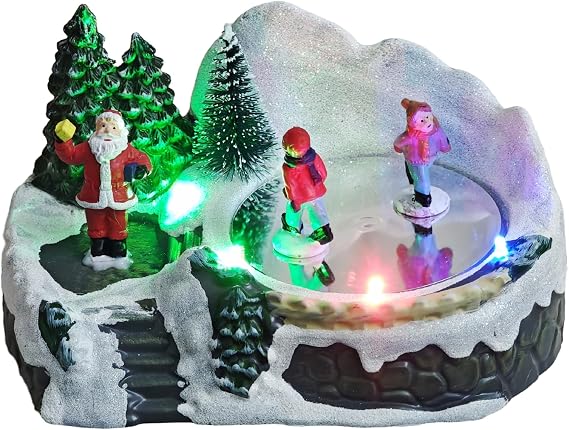 Christmas Village Scene Animated Skating Pond, LED Lights & 8 Classic Musical, Winter Moving Ice Skating Rink Decoration for Home Indoor Display