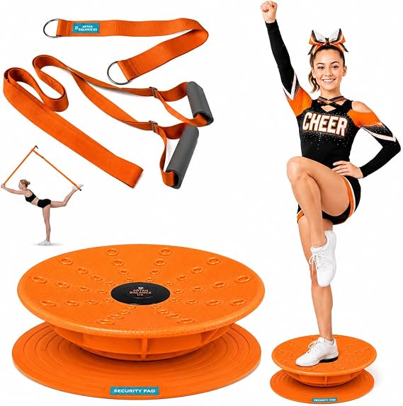 Cheer Flyer Stunt Trainer Balance Board & Leg Stretching Strap 2 Pc Set | For cheer flyers, dance, ballet, gymnastics, flexibility, stability, core strength and home practice