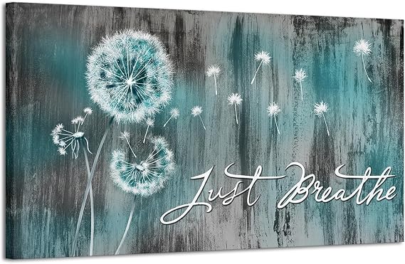 iHAPPYWALL Large Just Breathe Wall Art Abstract Teal Dandelion Flower Inspiratiobal Quotes Rustic Floral Artwork for Bedroom Farmhouse Home Wall Decor Ready to Hang 20x36inch