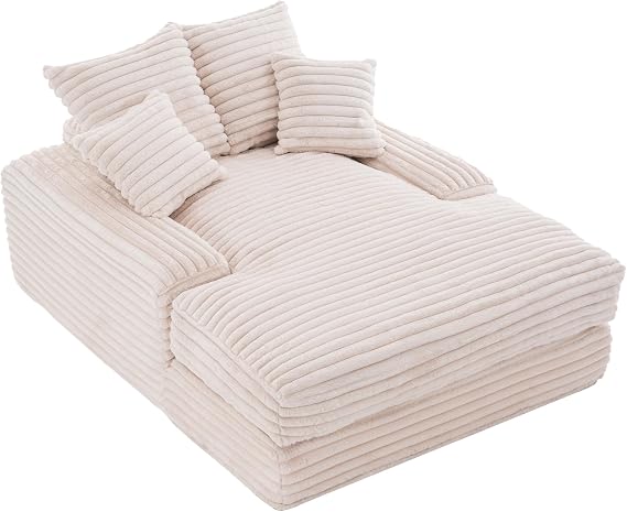 DEKKETO Corduroy Oversized Boneless Sofa Bed with 4 Pillows, Beige | Chaise Lounge, No Assembly Required, 26 cm Wide Armrests, One-piece Foam, 175 x 137 x 63 cm, 225 kg Capacity, Indoor