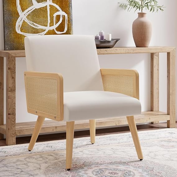 Nebuaegis Accent Chair with Rattan Arms, Living Room Chairs with Wood Legs, Modern Armchair for Bedroom, Lounge Chair Indoor for Reading Room Kitchen Beige
