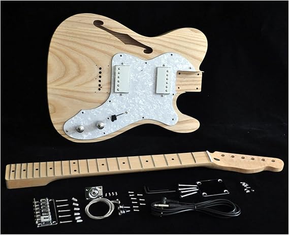 Unfinished Guitar Kit DIY Electric Guitar Kit Vintage Thinline Guitar Semi-Hollow Ash Body with F Holes Maple Neck 21 FretsTruss Rod Adjust Handmade Guitar Body