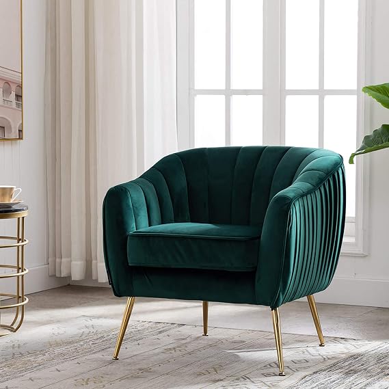 Velvet ModernTub Barrel Arm Chair Upholstered Tufted with Golden Legs Accent Club Chair for Living Reading Room Bedroom, Green