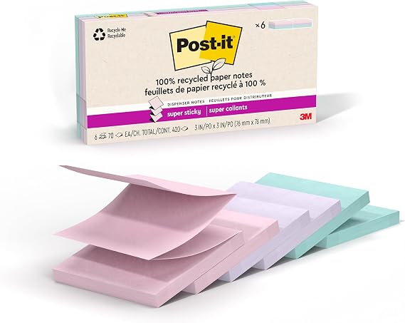 Post-it 100% Recycled Super Sticky Notes, 4 x 6 in, Oasis, 8 Pads | School Supplies and Office Products, 2X the Sticking Power